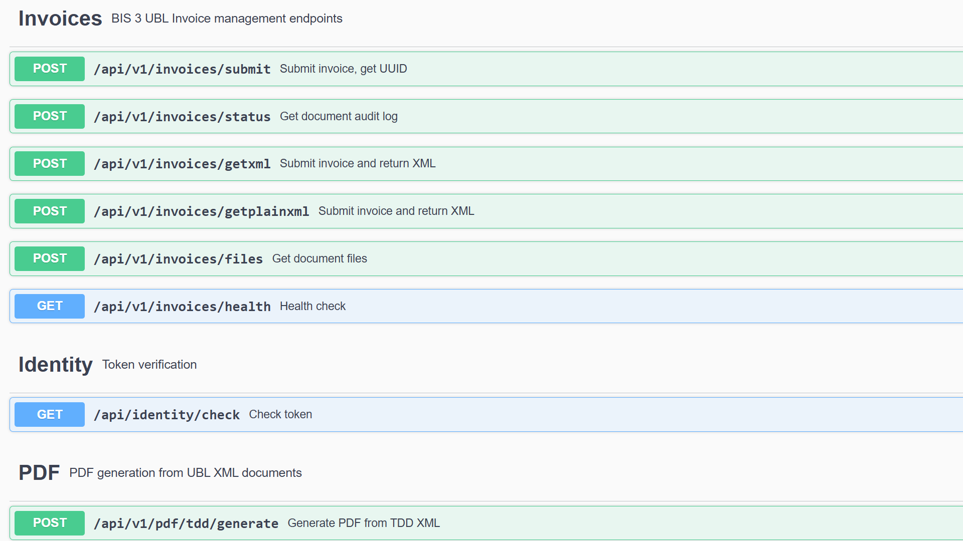 Swagger UI — dokumentácia mib:Peppol REST API