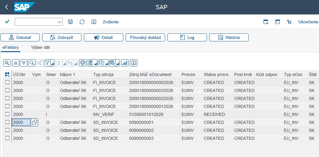 SAP eFaktúry zoznam — prehľad všetkých e-dokladov so stavom spracovania
