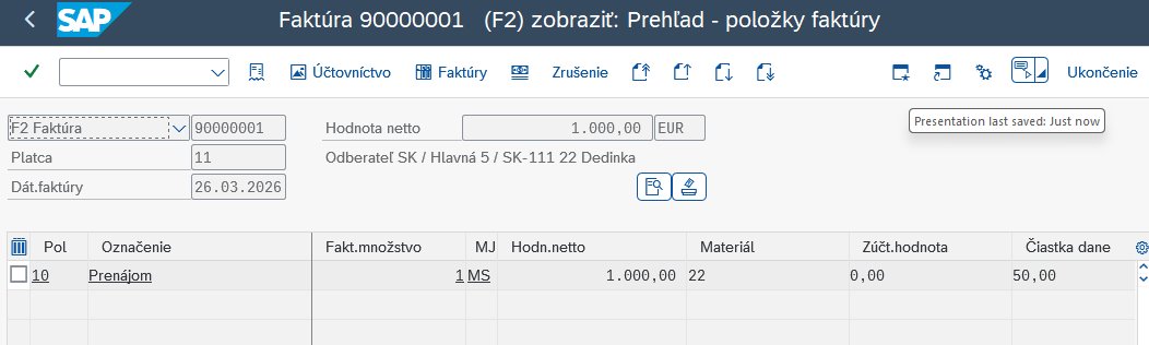 SAP detail faktúry s položkami, čistou hodnotou a daňou